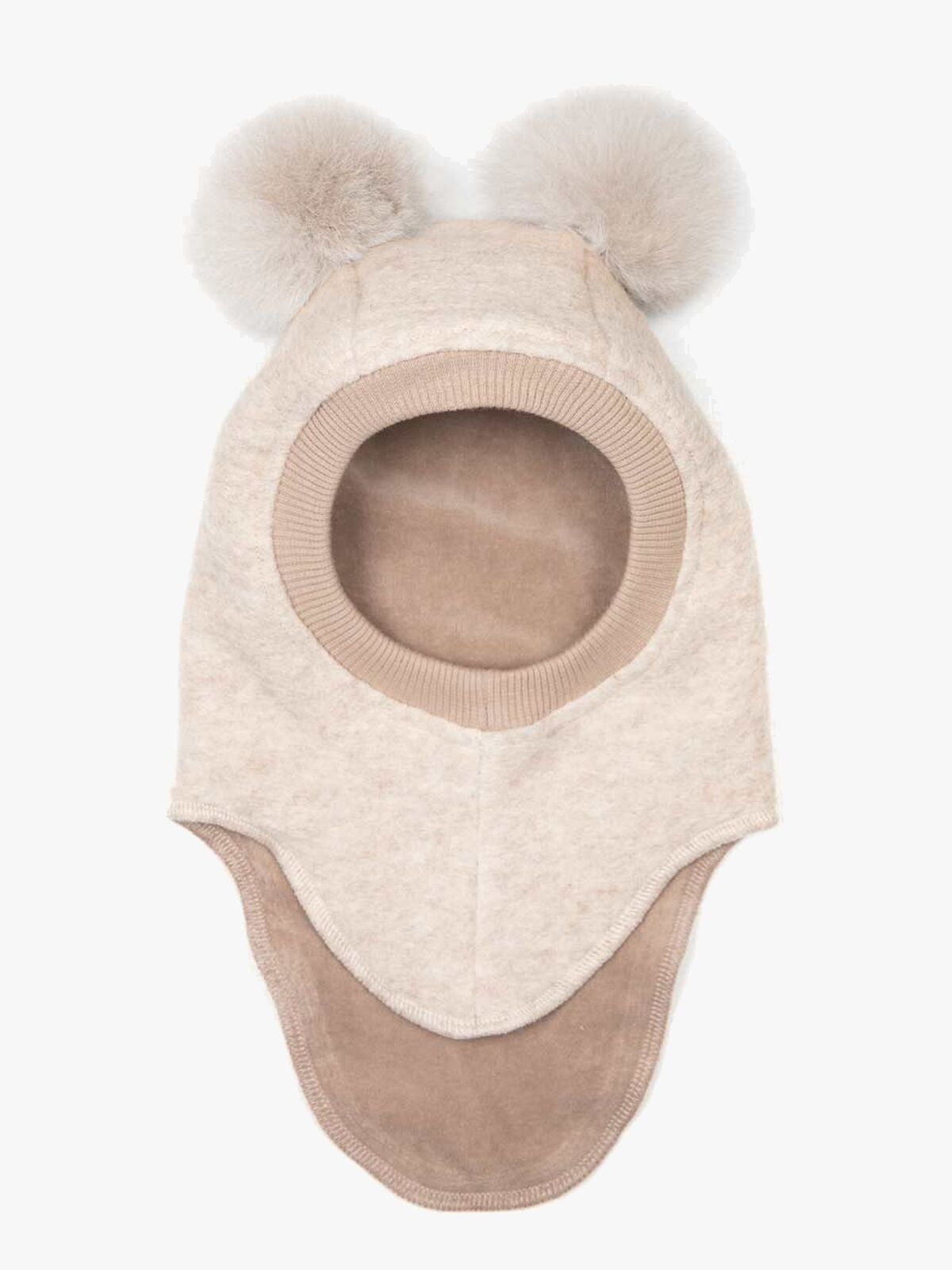 Huttelihut Balaklava Merinoull med Pompoms, Sand Melange
