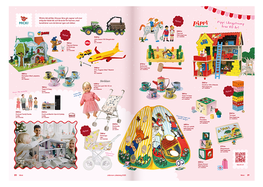 Uppslag i leksakskatalog med dockhus och figurer från Pippi Långstrump.