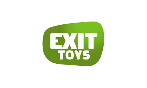 Grön logotyp med texten 'EXIT TOYS'.