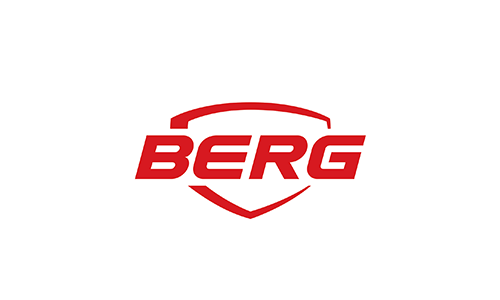 BERG-logotyp med röd text och sköldsymbol.
