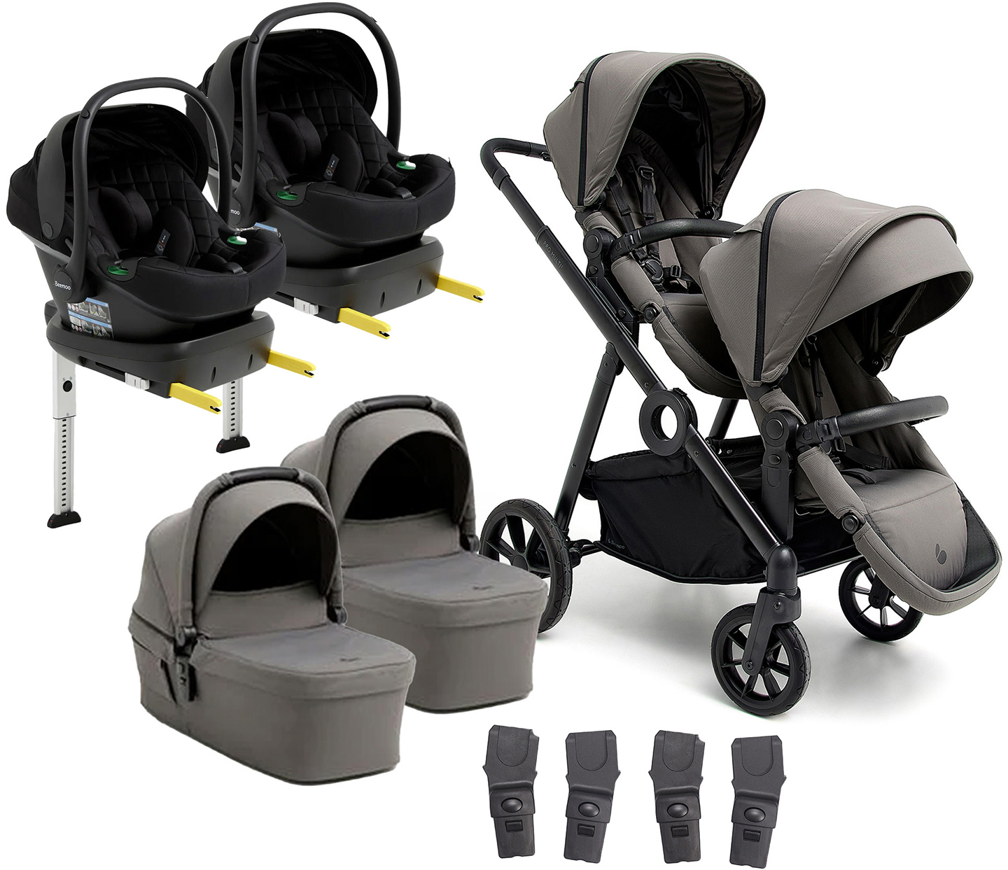 Beemoo Pro Multi 2 Tvillingvagn Inkl. Route i-Size Babyskydd &  Bas, Mocha Grey/Black Stone