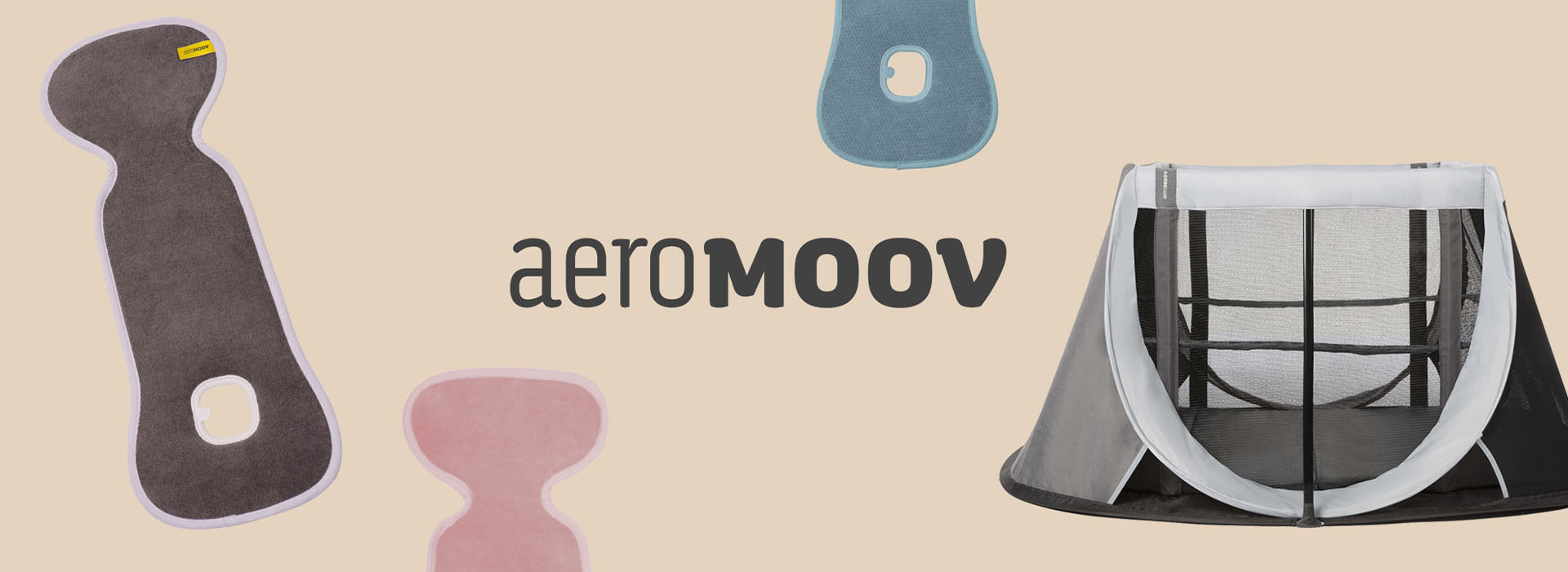 AeroMoov logotyp och sittdynor med resesäng i bakgrunden.