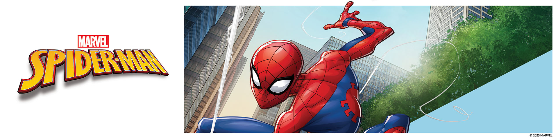 Spider-Man svingar mellan byggnader med texten 'MARVEL SPIDER-MAN'.