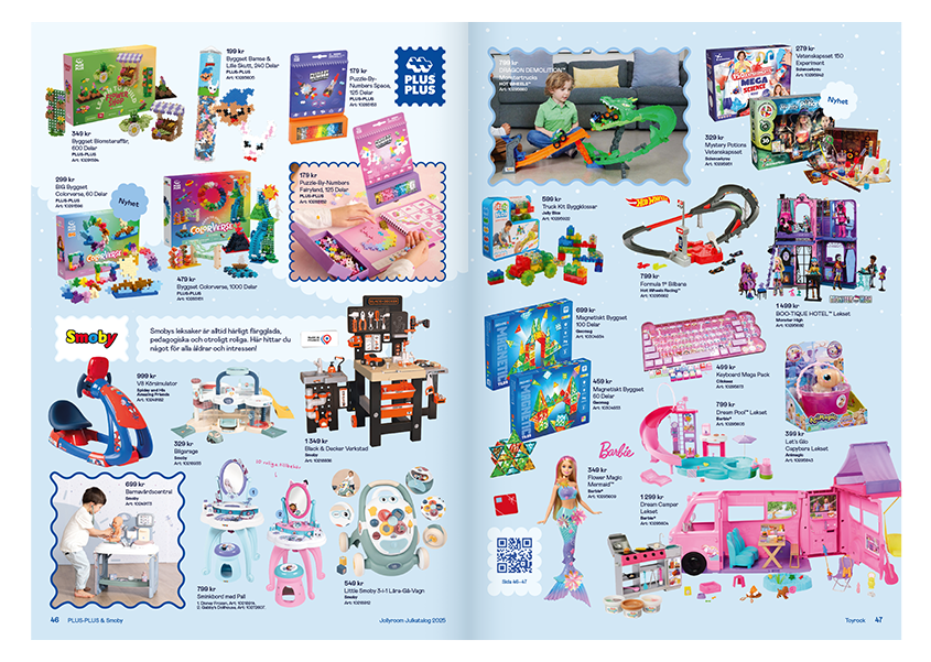 Blandade leksaker, pyssel och figurer.