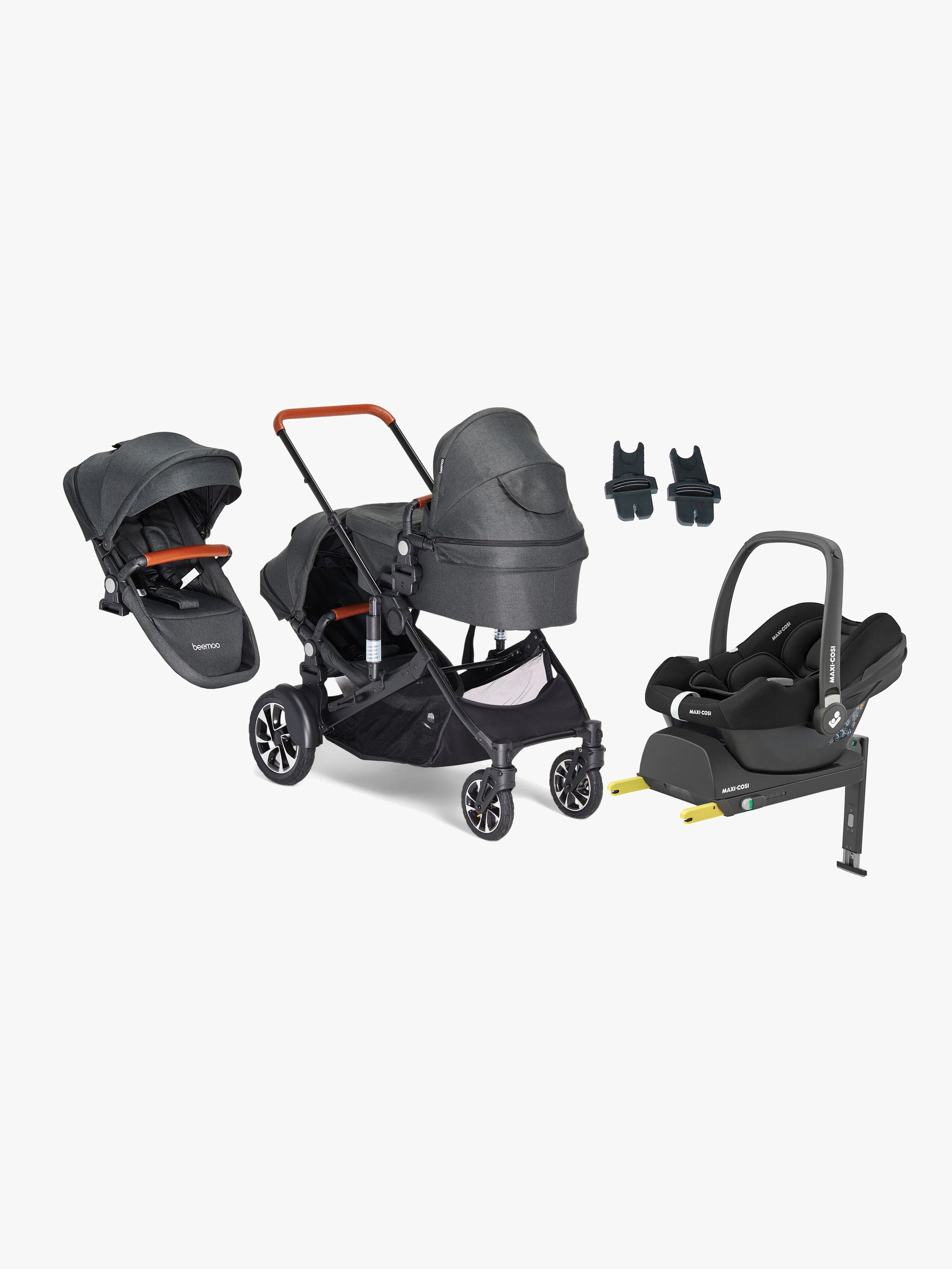 Beemoo Maxi 4 Twin Syskonvagn Inkl. Syskonsits &  Maxi-Cosi CabrioFix Babyskydd &  Bas Black