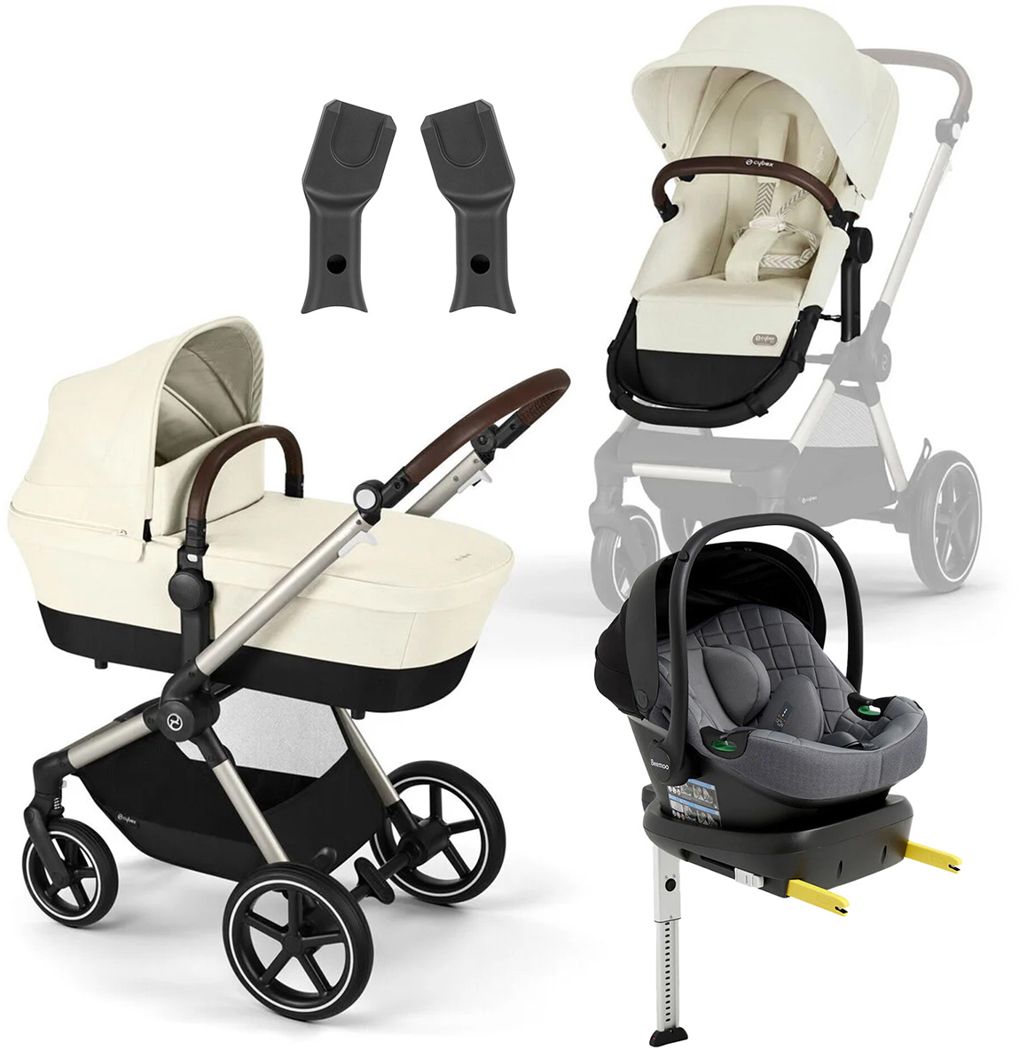 Cybex EOS Lux Duovagn inkl. Beemoo Route Babyskydd &  Bas Seashell Beige/Mineral Grey