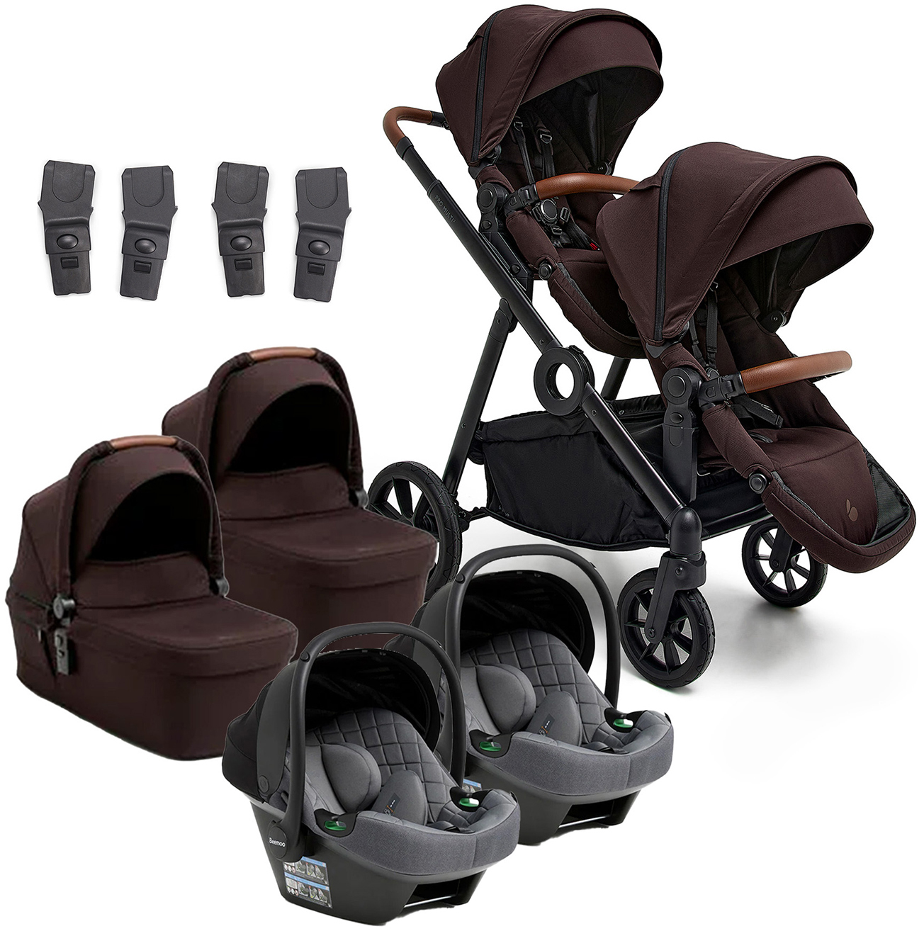 Beemoo Pro Multi 2 Tvillingvagn Inkl. Route i-Size Babyskydd, Espresso Brown/Mineral Grey