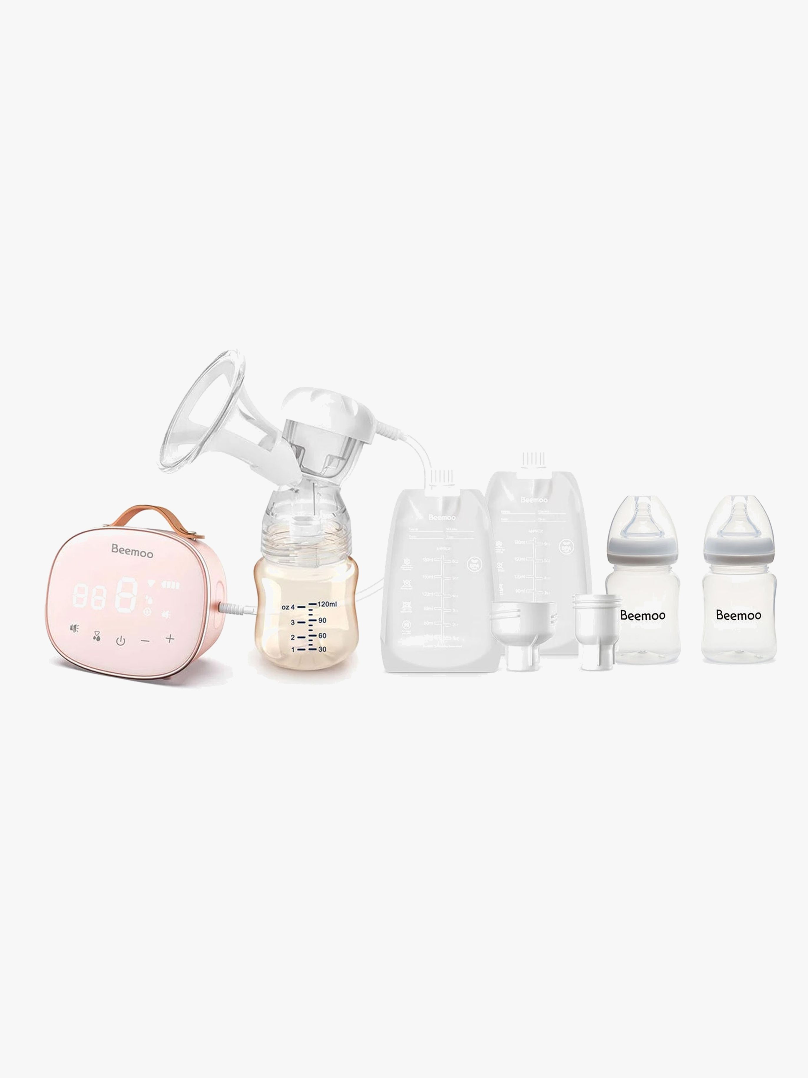 Beemoo CARE Singel Elektrisk Bröstpump inkl. Bröstmjölkspåsar &  Bröstmjölksflaska 180 ml 2-pack