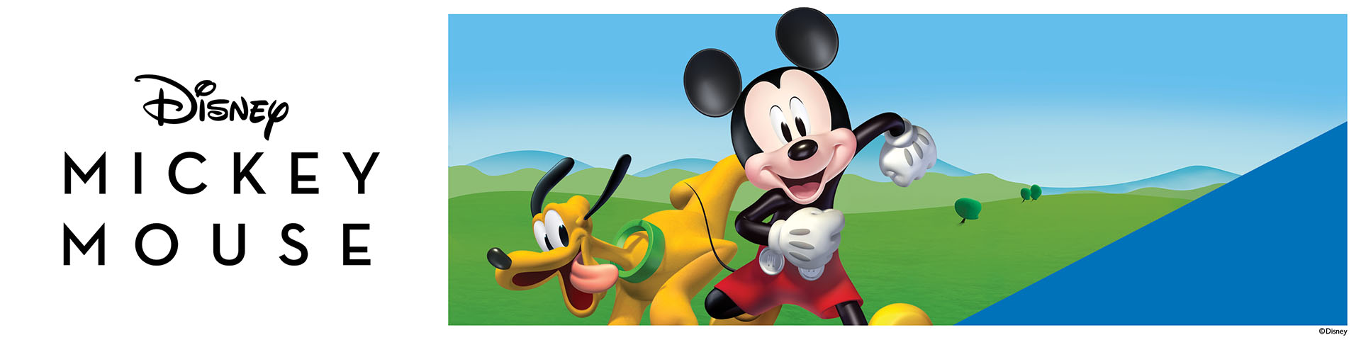 Musse Pigg och Pluto leker i naturen med texten 'Disney MICKEY MOUSE'.