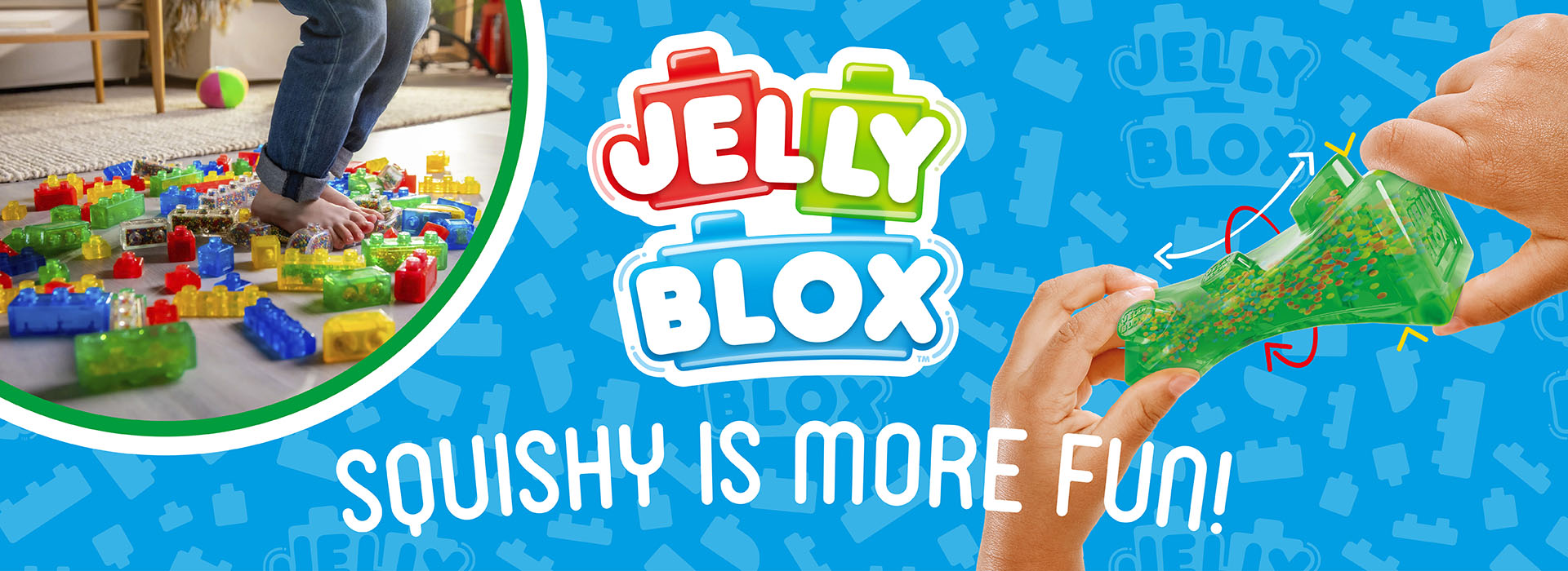 Barn står på färgglada Jelly Blox med texten 'SQUISHY IS MORE FUN!'