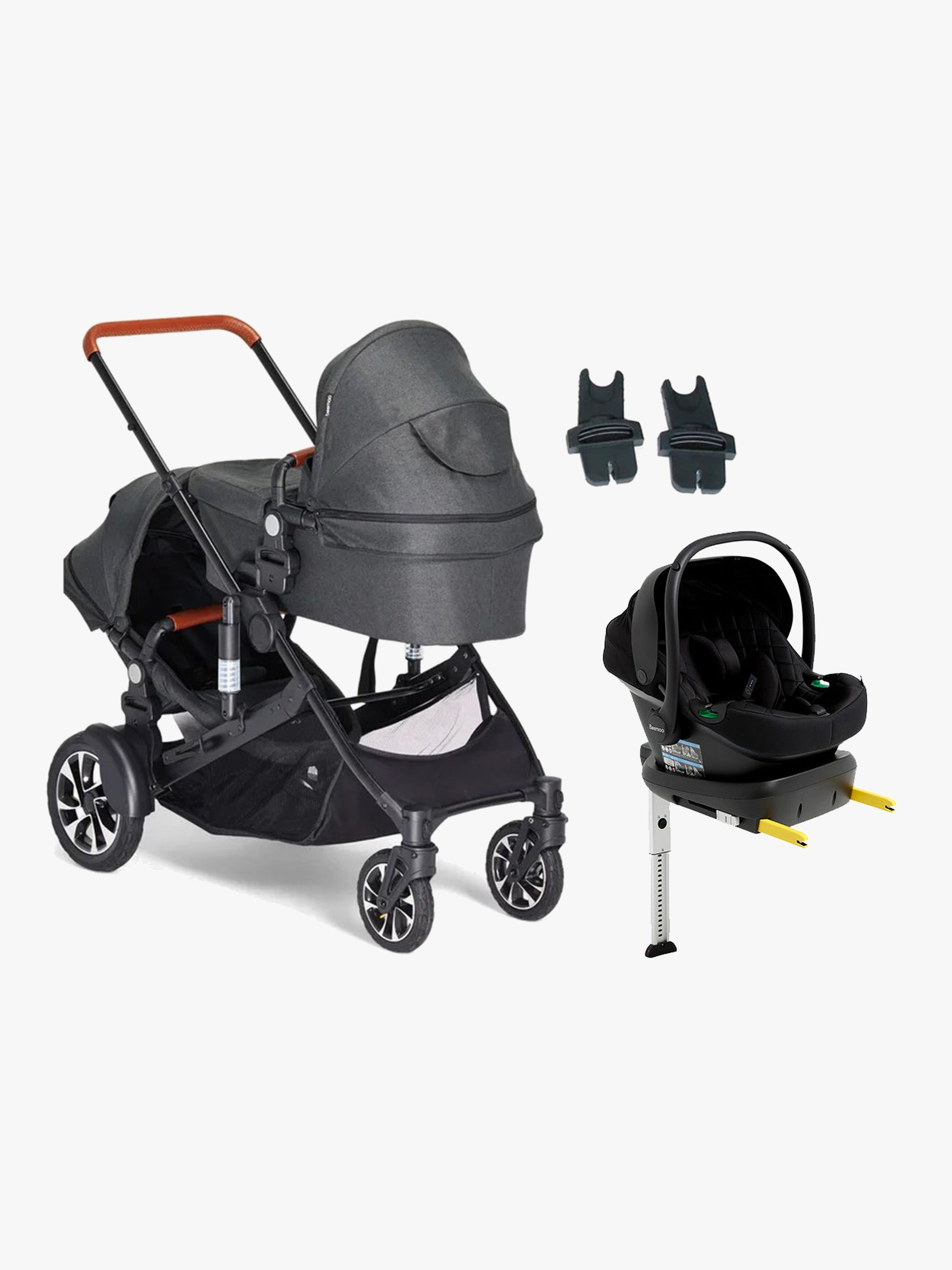 Beemoo Maxi 4 Twin Syskonvagn Inkl. Beemoo Route i-Size Babyskydd &  Bas, Black/Black Stone