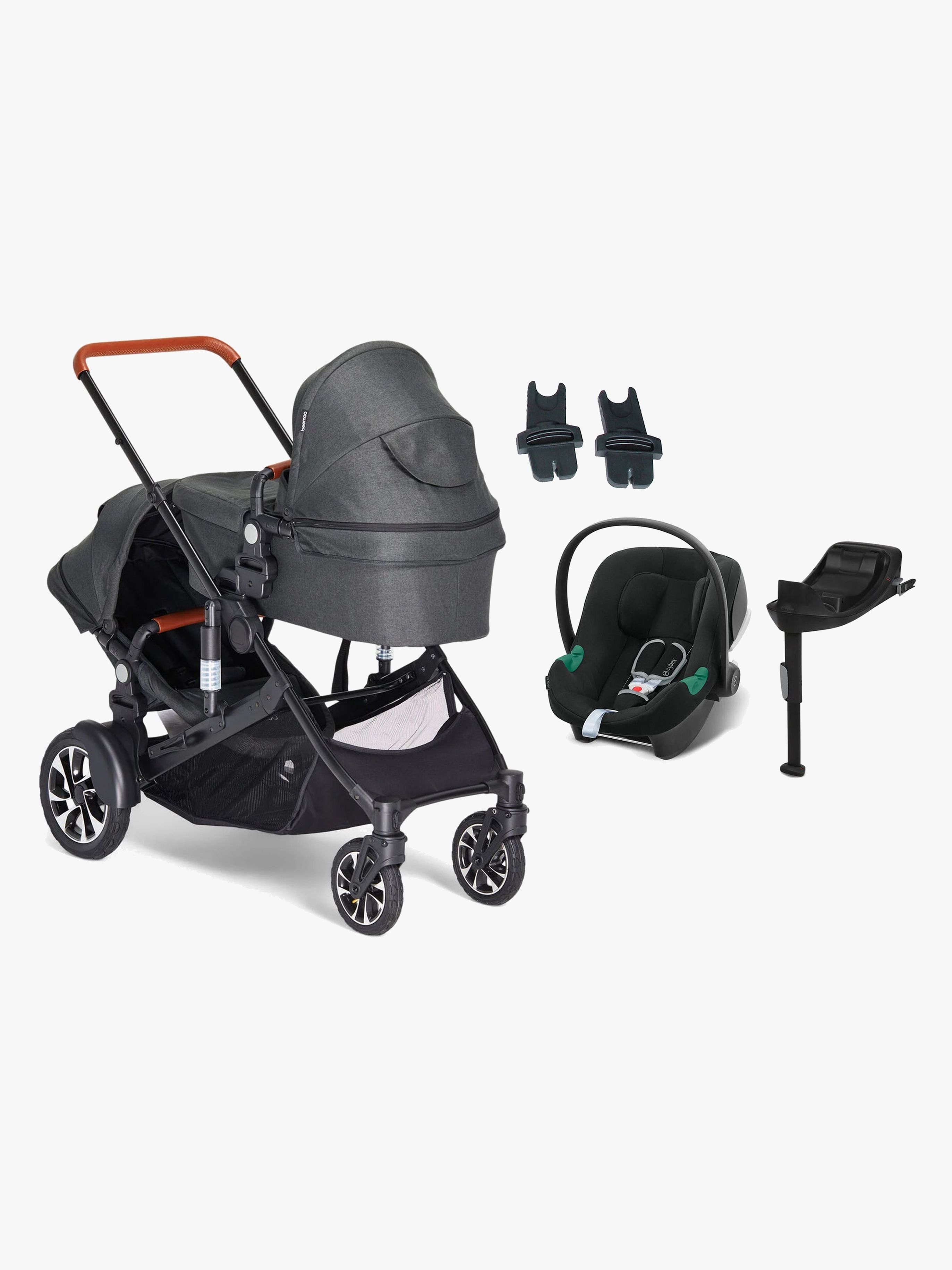 Beemoo Maxi 4 Twin Syskonvagn Inkl. Cybex Aton B2 Babyskydd &  Bas, Black/Volcano Black