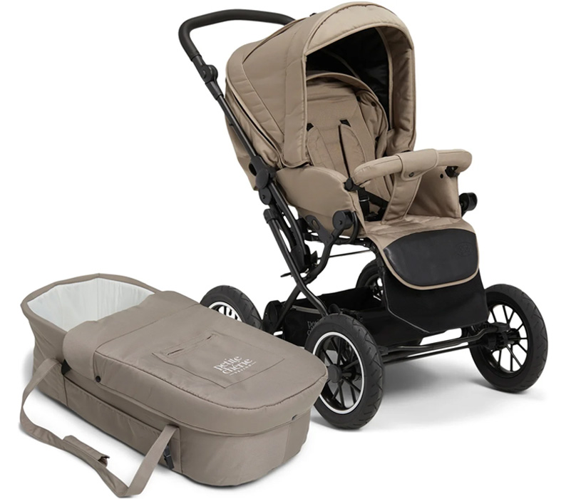 Beige barnvagn med liggdel.