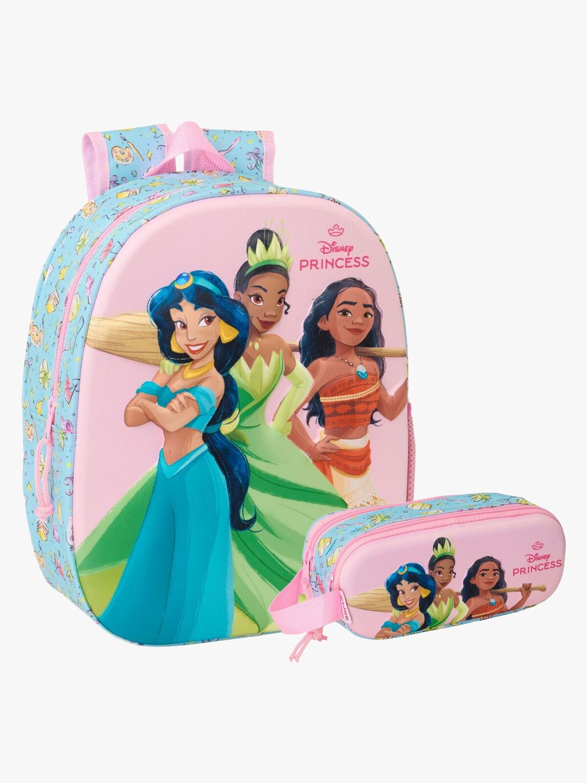 Disney Princess 3D Ryggsäck 8,5L & Pennfodral, Blå/Rosa