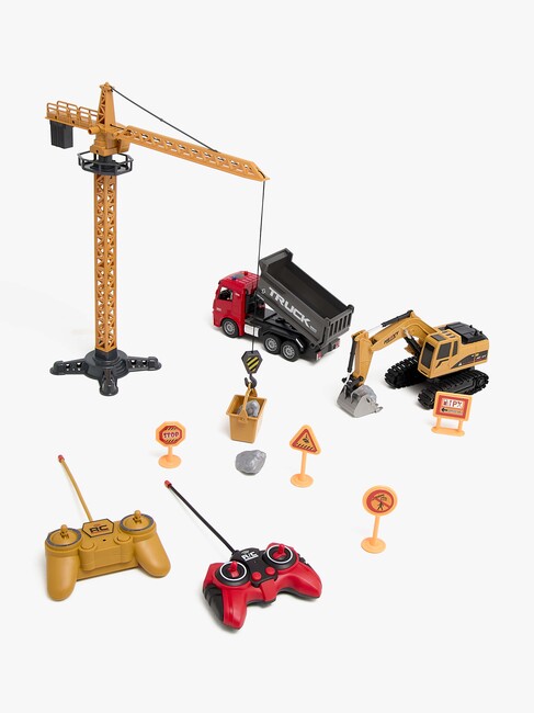 Alex's Garage Lekset med Radiostyrd Grävmaskin, Lastbil & Manuell Lyftkran 42 cm