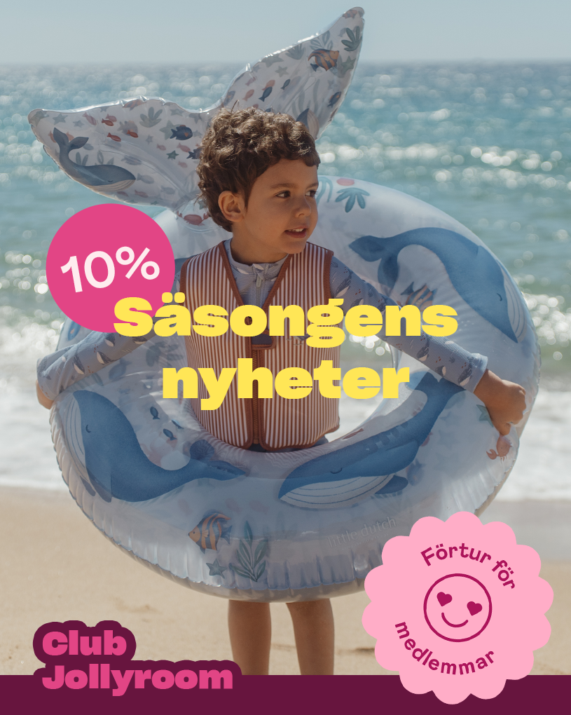 Barn på strand med badring med valar. Text: "10% med rabattkod Säsongens nyheter", "Club Jollyroom", "Förtur för medlemmar"