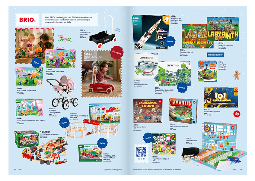 Uppslag med leksaker från BRIO och Ravensburger, inklusive tågbanor och spel.