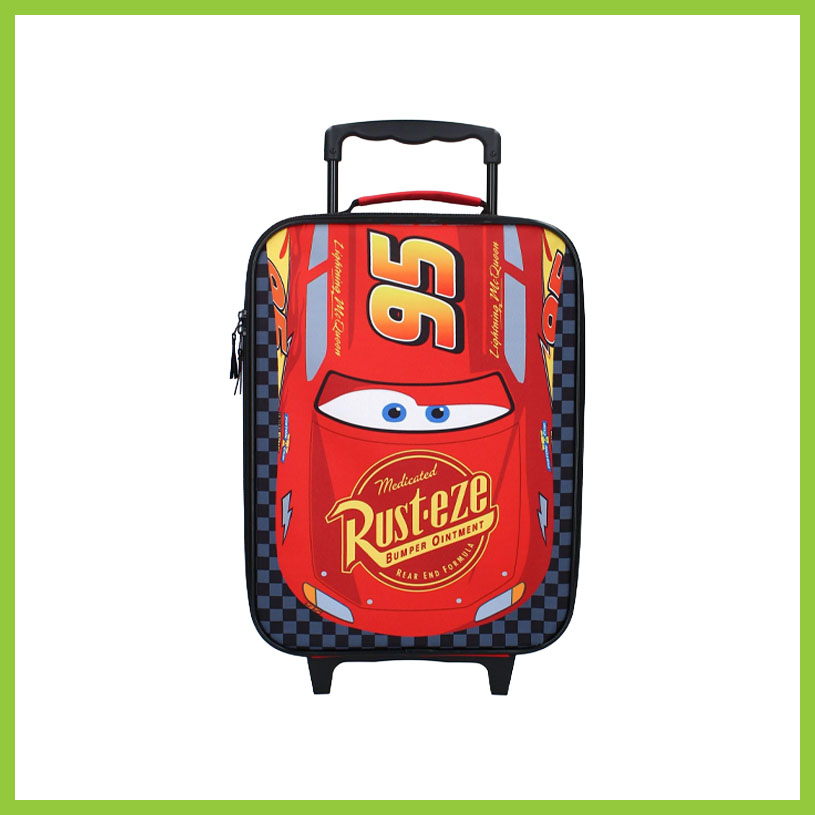 Röd kuffert med karaktären Blixten McQueen och texten 'Medicated Rust-eze Bumper Ointment'.