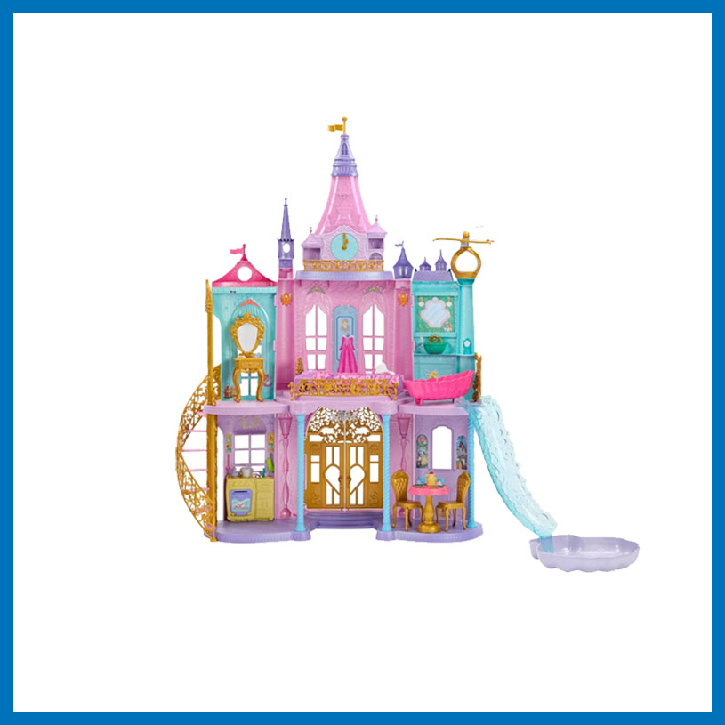 Färggalt dockhus med prinsessfigur och texten 'Disney Princess'.